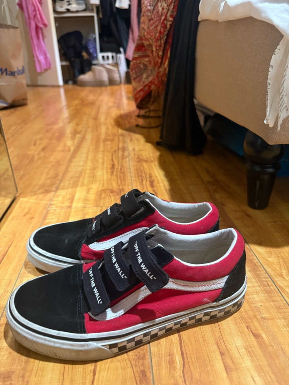 Vans Kids Black, Red & White Velcro Old Skool Sneakers